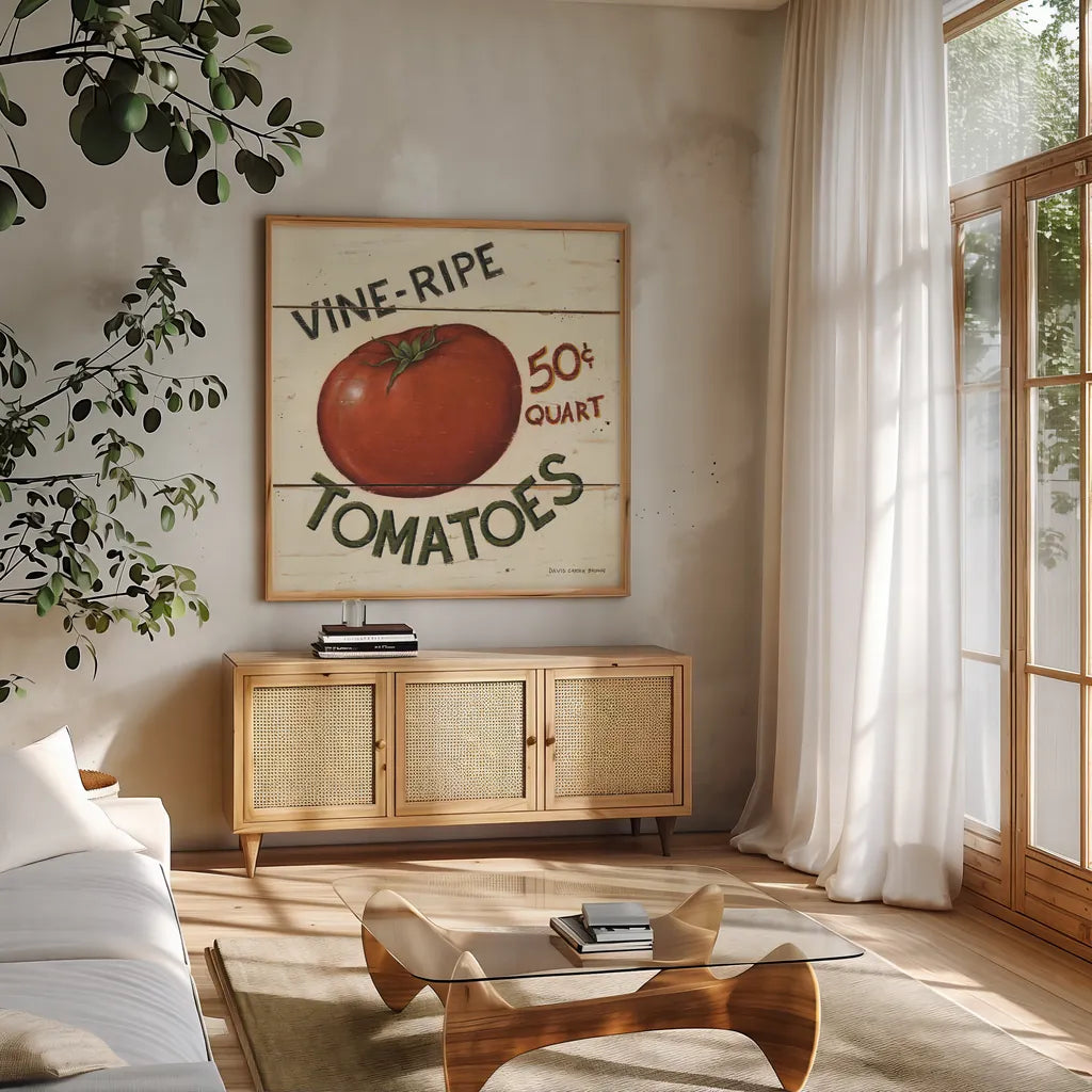 Vine Ripe Tomatoes by David Carter Brown. Shown in a natural wood frame in a cozy modern living room. Available as an archival giclee rolled canvas, fine art paper, or poster print. SKU 3184a.