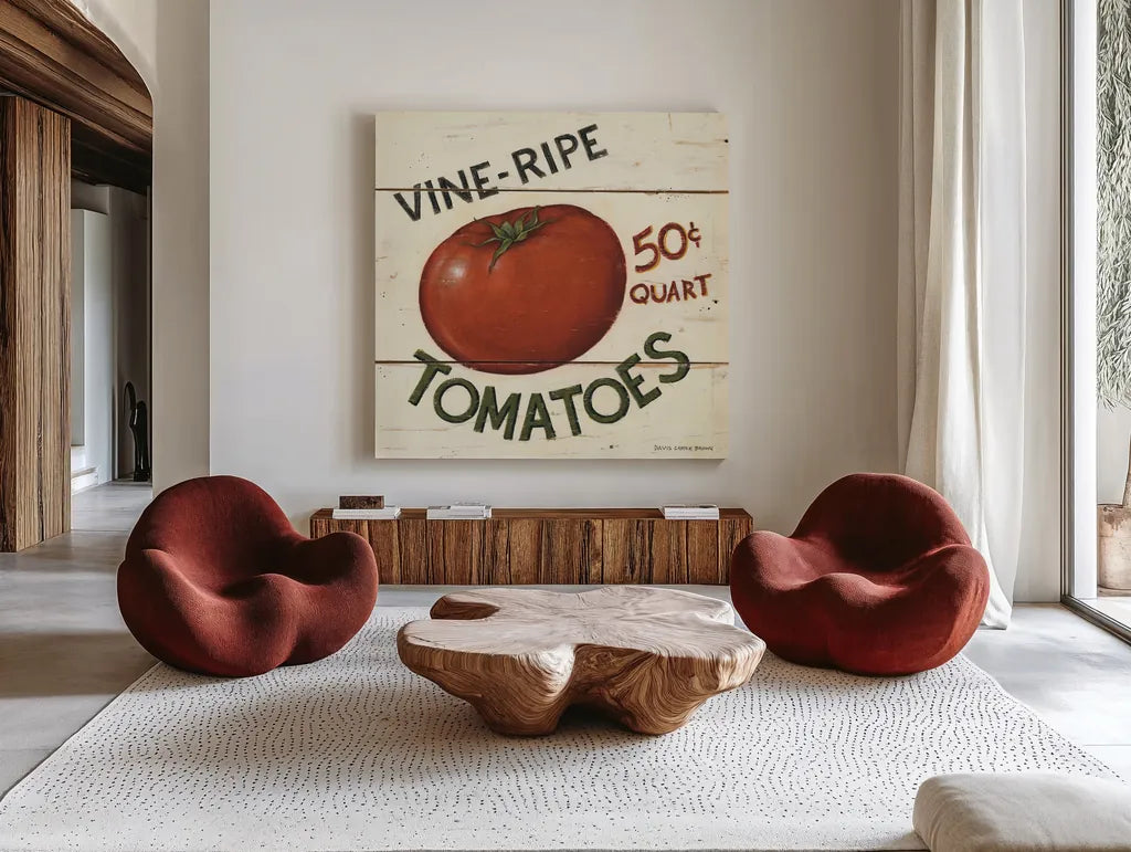 Vine Ripe Tomatoes by David Carter Brown. Shown as extra-large giant wall art in a modern living room. Available as an archival giclee rolled canvas, fine art paper, or poster print. SKU 3184a.