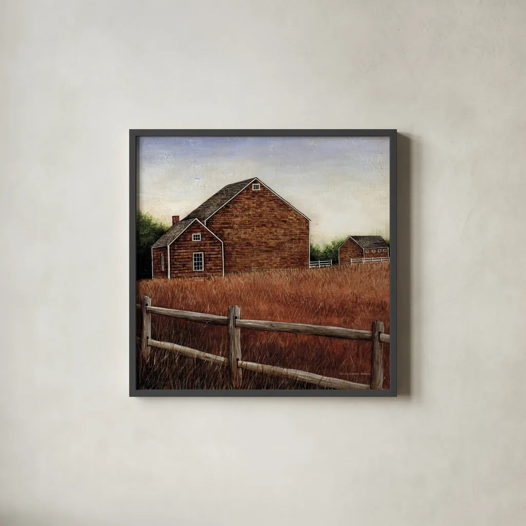 Weathered Barns by David Carter Brown. Shown in a sleek black glass frame for a contemporary gallery look. Available as an archival giclee rolled canvas, fine art paper, or poster print. SKU 19505a.