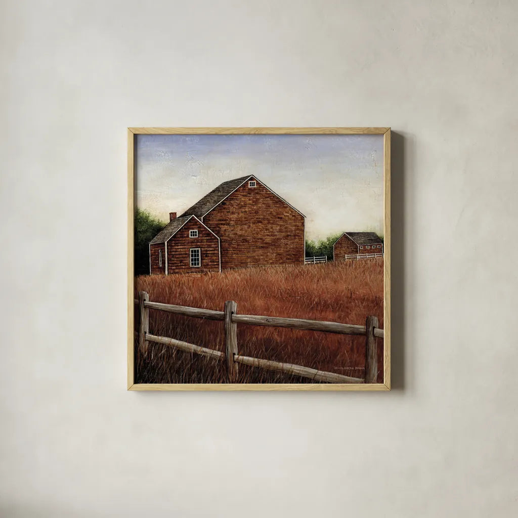 Weathered Barns by David Carter Brown. Shown in a natural wood glass frame for a timeless modern aesthetic. Available as an archival giclee rolled canvas, fine art paper, or poster print. SKU 19505a.