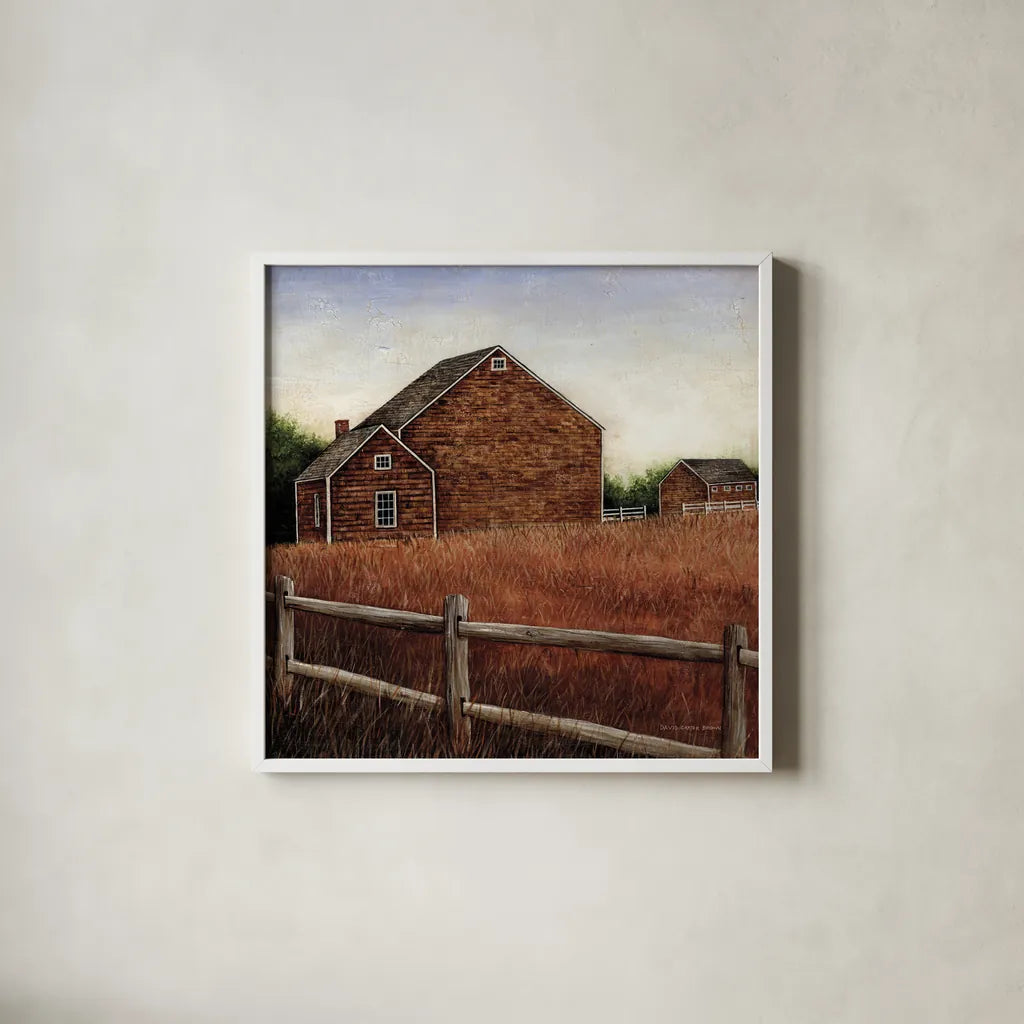 Weathered Barns by David Carter Brown. Shown in a crisp white glass frame for a clean and minimalist style. Available as an archival giclee rolled canvas, fine art paper, or poster print. SKU 19505a.