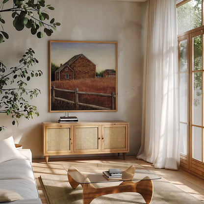 Weathered Barns by David Carter Brown. Shown in a natural wood frame in a cozy modern living room. Available as an archival giclee rolled canvas, fine art paper, or poster print. SKU 19505a.