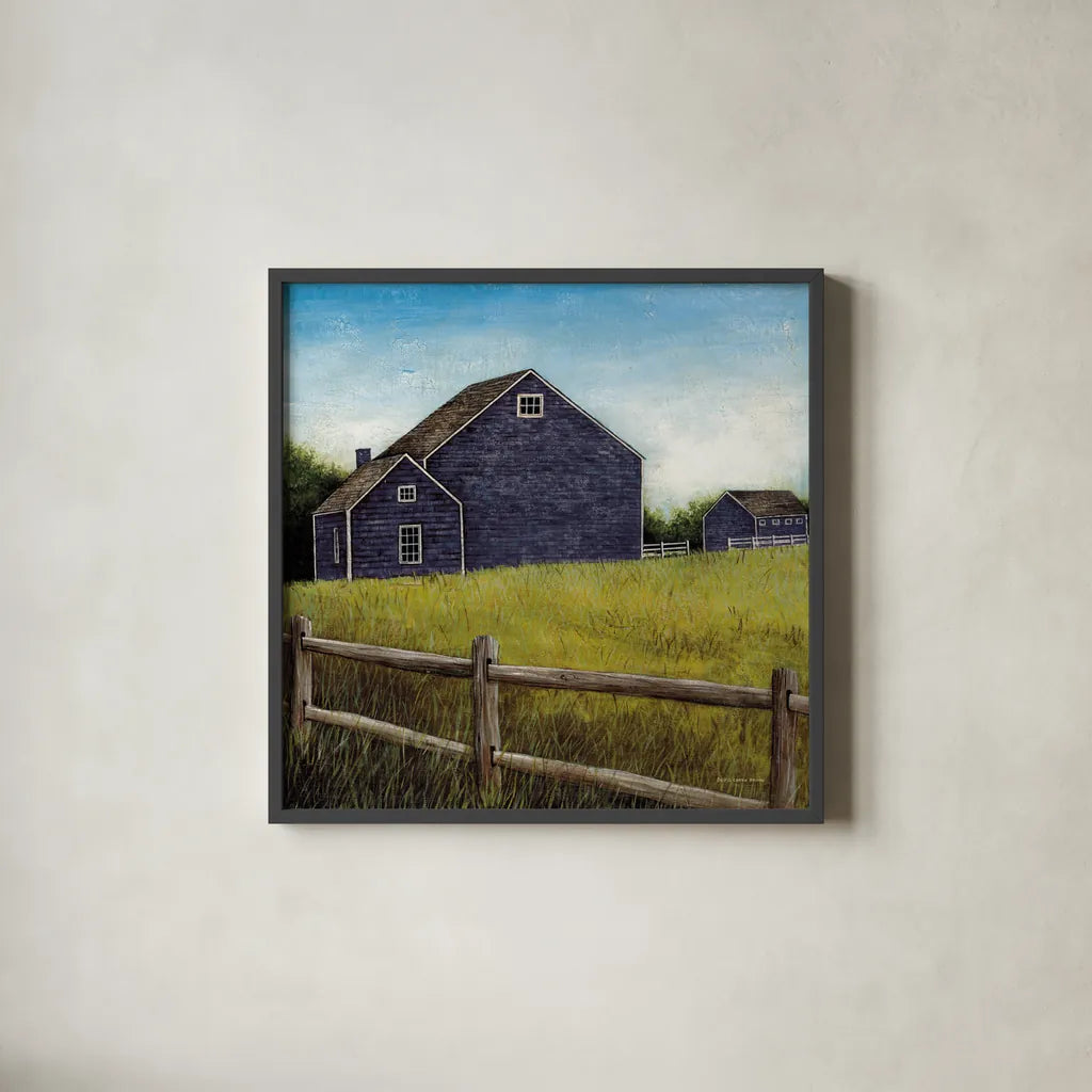 Weathered Barns Navy by David Carter Brown. Shown in a sleek black glass frame for a contemporary gallery look. Available as an archival giclee rolled canvas, fine art paper, or poster print. SKU 70435a.