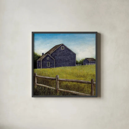 Weathered Barns Navy by David Carter Brown. Shown in a sleek black glass frame for a contemporary gallery look. Available as an archival giclee rolled canvas, fine art paper, or poster print. SKU 70435a.
