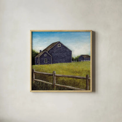Weathered Barns Navy by David Carter Brown. Shown in a natural wood glass frame for a timeless modern aesthetic. Available as an archival giclee rolled canvas, fine art paper, or poster print. SKU 70435a.