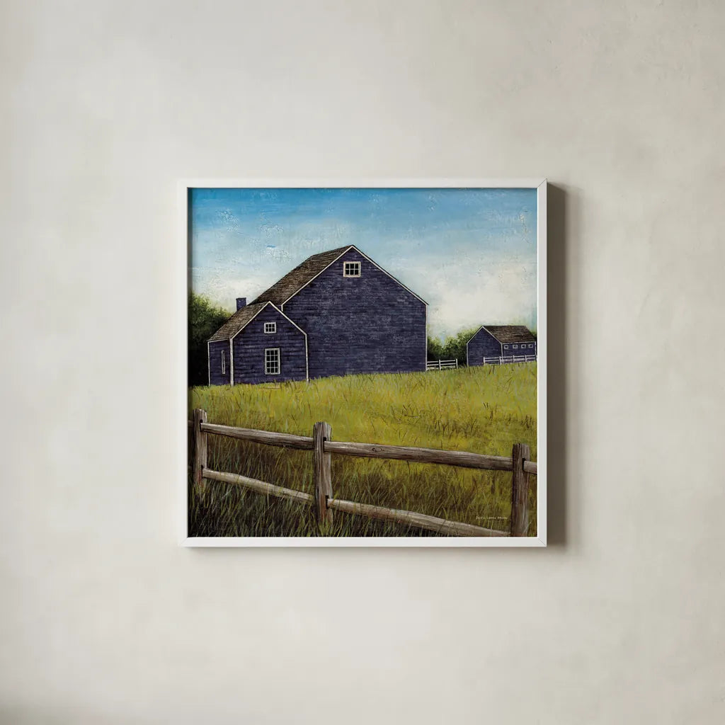 Weathered Barns Navy by David Carter Brown. Shown in a crisp white glass frame for a clean and minimalist style. Available as an archival giclee rolled canvas, fine art paper, or poster print. SKU 70435a.