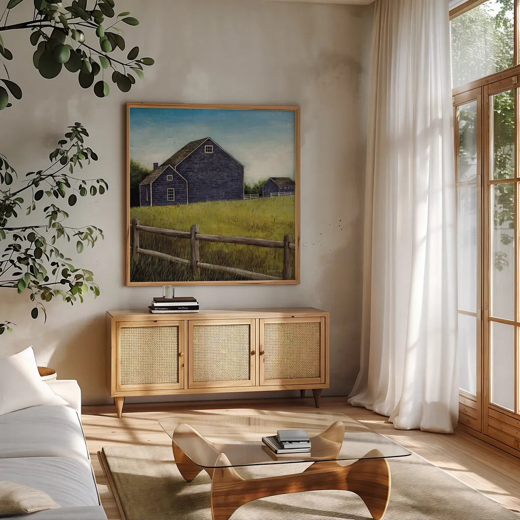 Weathered Barns Navy by David Carter Brown. Shown in a natural wood frame in a cozy modern living room. Available as an archival giclee rolled canvas, fine art paper, or poster print. SKU 70435a.