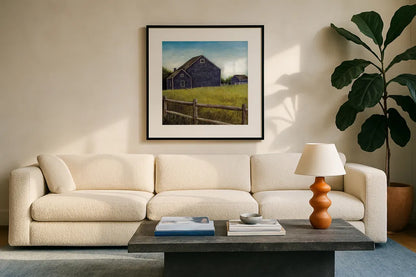 Weathered Barns Navy by David Carter Brown. Displayed in a glass frame with matte in a clean modern living room. Available as an archival giclee rolled canvas, fine art paper, or poster print. SKU 70435a.