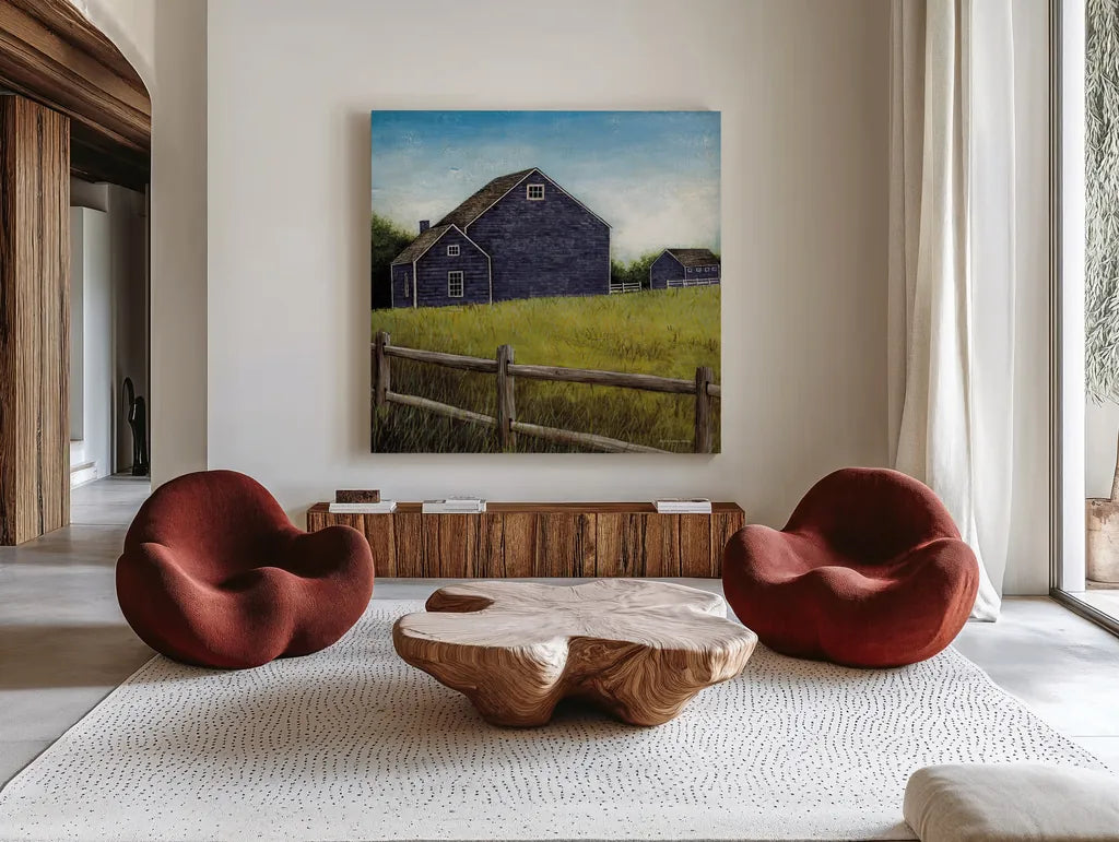 Weathered Barns Navy by David Carter Brown. Shown as extra-large giant wall art in a modern living room. Available as an archival giclee rolled canvas, fine art paper, or poster print. SKU 70435a.