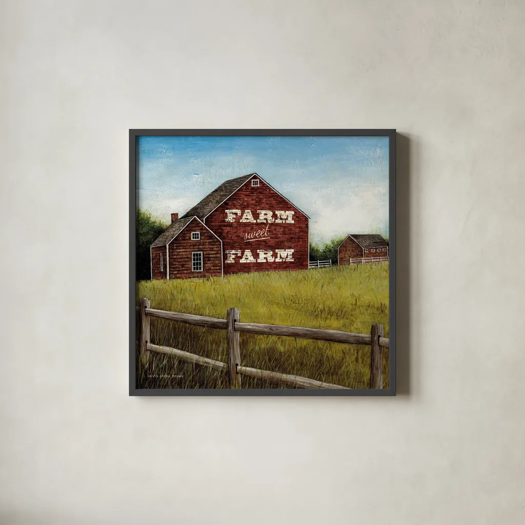 Weathered Barns Red with Words by David Carter Brown. Shown in a sleek black glass frame for a contemporary gallery look. Available as an archival giclee rolled canvas, fine art paper, or poster print. SKU 27737a.