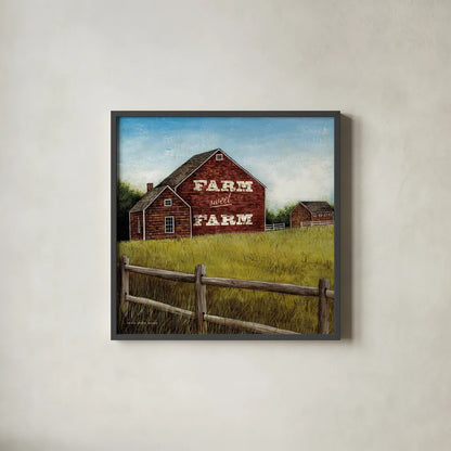 Weathered Barns Red with Words by David Carter Brown. Shown in a sleek black glass frame for a contemporary gallery look. Available as an archival giclee rolled canvas, fine art paper, or poster print. SKU 27737a.