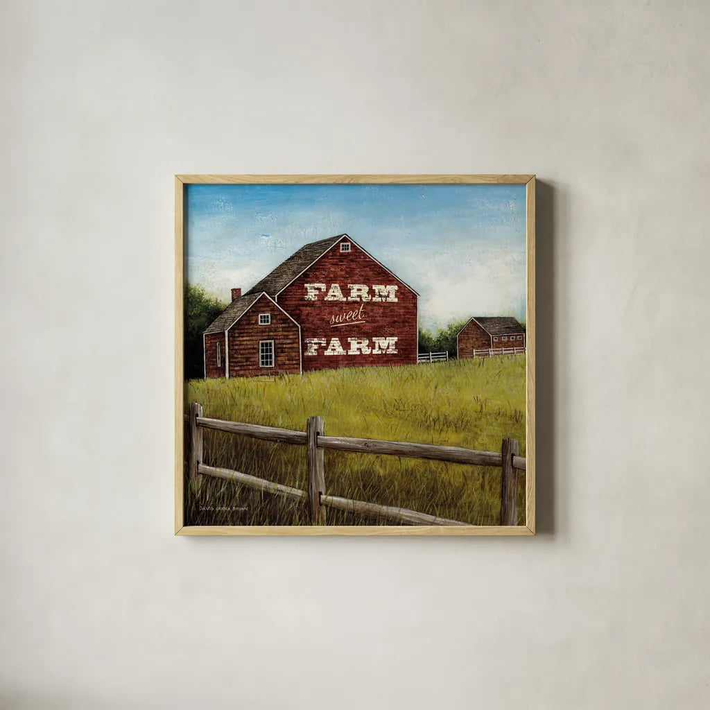 Weathered Barns Red with Words by David Carter Brown. Shown in a natural wood glass frame for a timeless modern aesthetic. Available as an archival giclee rolled canvas, fine art paper, or poster print. SKU 27737a.