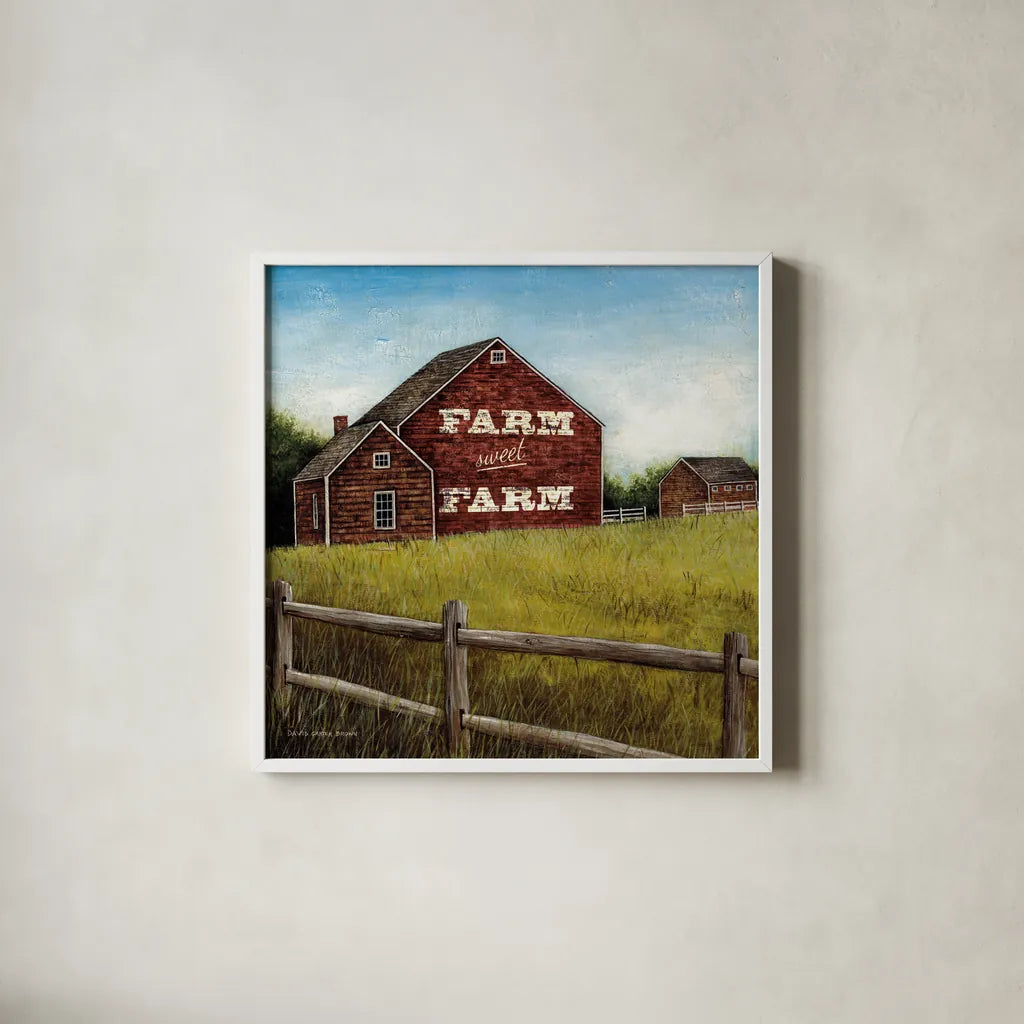 Weathered Barns Red with Words by David Carter Brown. Shown in a crisp white glass frame for a clean and minimalist style. Available as an archival giclee rolled canvas, fine art paper, or poster print. SKU 27737a.