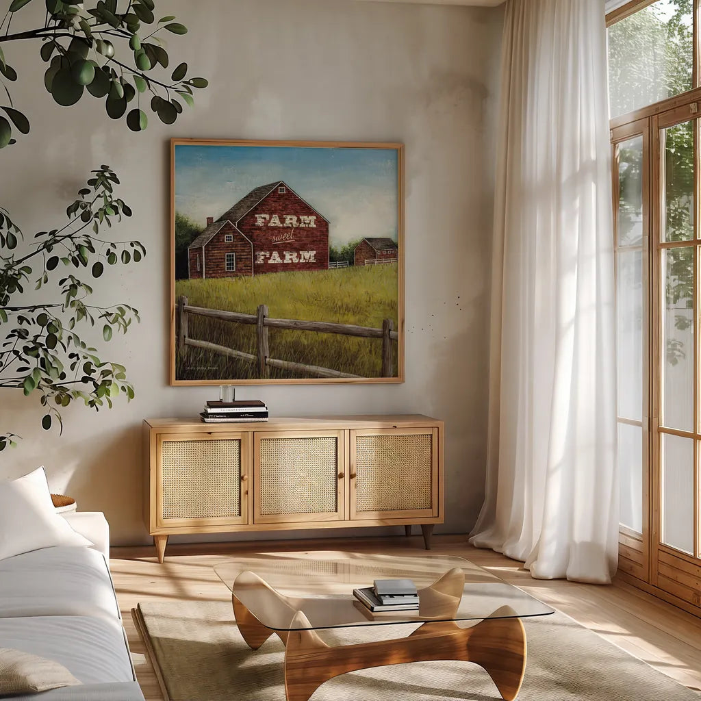 Weathered Barns Red with Words by David Carter Brown. Shown in a natural wood frame in a cozy modern living room. Available as an archival giclee rolled canvas, fine art paper, or poster print. SKU 27737a.