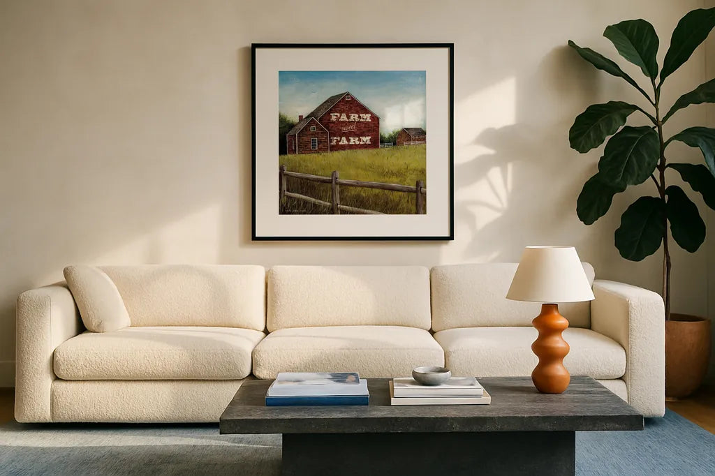 Weathered Barns Red with Words by David Carter Brown. Displayed in a glass frame with matte in a clean modern living room. Available as an archival giclee rolled canvas, fine art paper, or poster print. SKU 27737a.