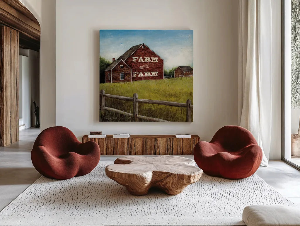 Weathered Barns Red with Words by David Carter Brown. Shown as extra-large giant wall art in a modern living room. Available as an archival giclee rolled canvas, fine art paper, or poster print. SKU 27737a.