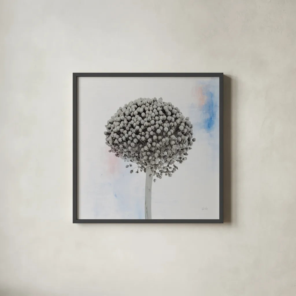 Agapanthus I by Deborah Revell. Shown in a sleek black glass frame for a contemporary gallery look. Available as an archival giclee rolled canvas, fine art paper, or poster print. SKU 91621a.