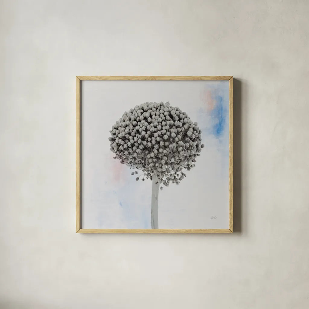 Agapanthus I by Deborah Revell. Shown in a natural wood glass frame for a timeless modern aesthetic. Available as an archival giclee rolled canvas, fine art paper, or poster print. SKU 91621a.