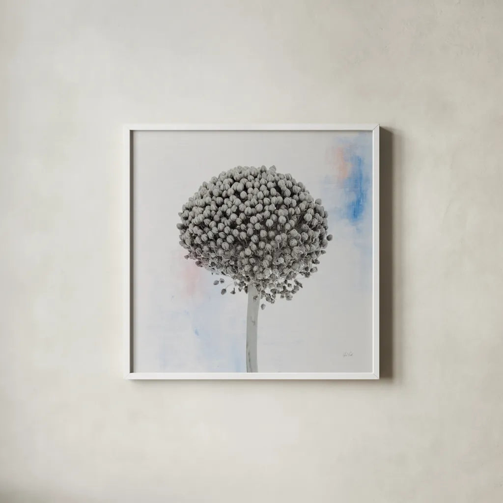 Agapanthus I by Deborah Revell. Shown in a crisp white glass frame for a clean and minimalist style. Available as an archival giclee rolled canvas, fine art paper, or poster print. SKU 91621a.