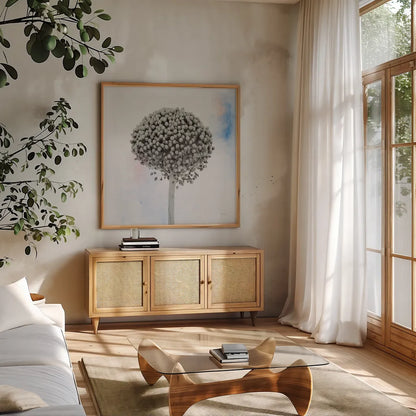 Agapanthus I by Deborah Revell. Shown in a natural wood frame in a cozy modern living room. Available as an archival giclee rolled canvas, fine art paper, or poster print. SKU 91621a.