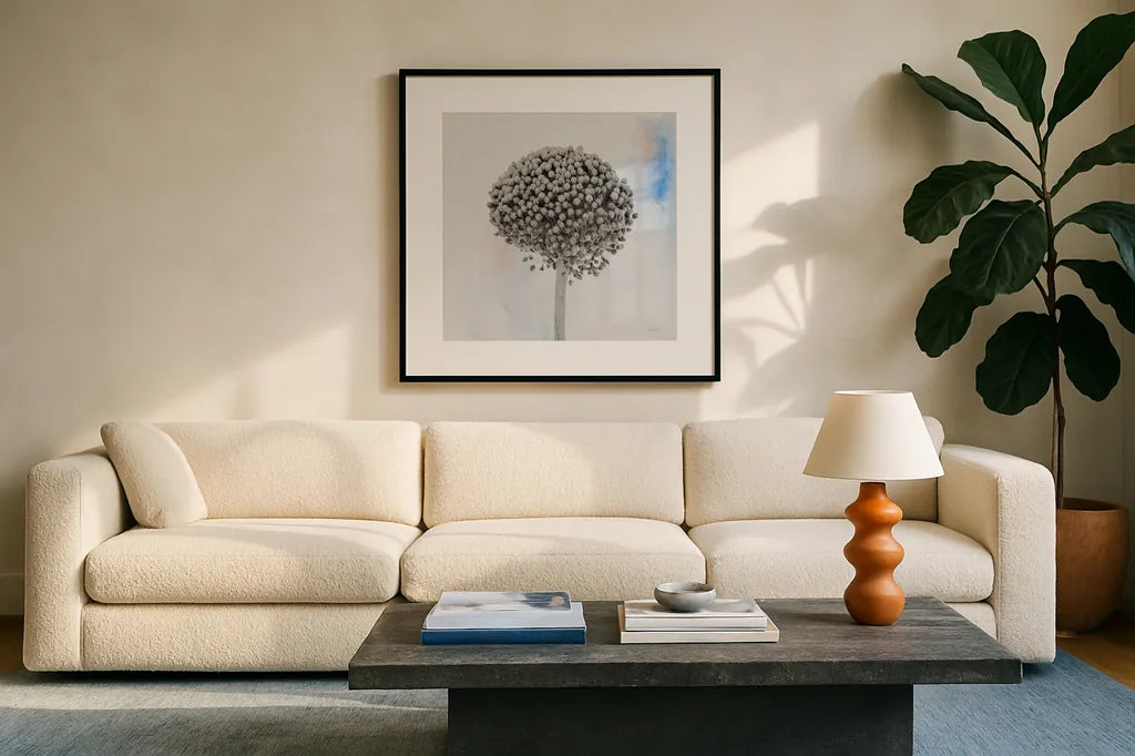 Agapanthus I by Deborah Revell. Displayed in a glass frame with matte in a clean modern living room. Available as an archival giclee rolled canvas, fine art paper, or poster print. SKU 91621a.