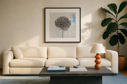 Agapanthus I by Deborah Revell. Displayed in a glass frame with matte in a clean modern living room. Available as an archival giclee rolled canvas, fine art paper, or poster print. SKU 91621a.