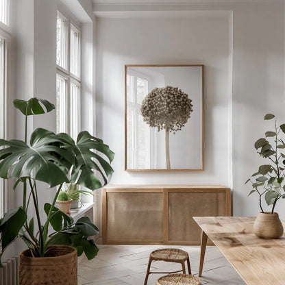 Allium II by Deborah Revell. shown as a print in a natural wood frame in a dining room. Available as a archival giclee rolled canvas, fine art paper, or poster print. SKU 93116h.