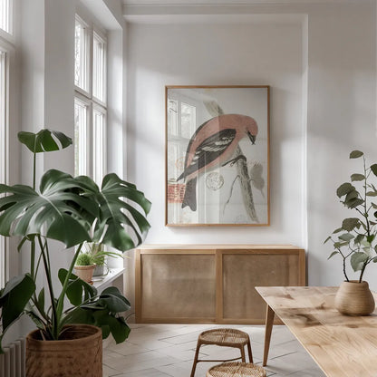 American White Winged Crossbill by Deborah Revell. shown as a print in a natural wood frame in a dining room. Available as a archival giclee rolled canvas, fine art paper, or poster print. SKU 101630h.