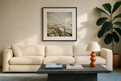 Beach Grass I by Deborah Revell. Displayed in a glass frame with matte in a clean modern living room. Available as an archival giclee rolled canvas, fine art paper, or poster print. SKU 91630a.