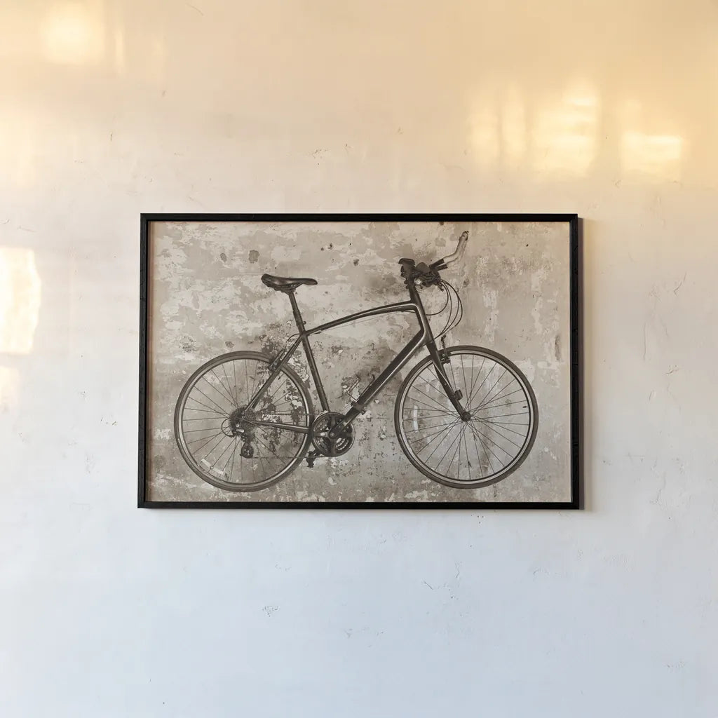 Bike by Deborah Revell. shown as a paper print in a black flame. Available as a archival giclee rolled canvas, fine art paper, or poster print. SKU 91411i.