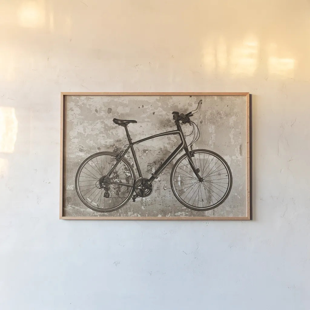 Bike by Deborah Revell. shown as a paper print in a natural frame. Available as a archival giclee rolled canvas, fine art paper, or poster print. SKU 91411i.