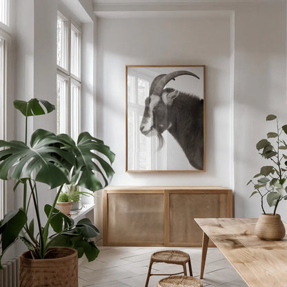 Billy Goats Gruff II by Deborah Revell. shown as a print in a natural wood frame in a dining room. Available as a archival giclee rolled canvas, fine art paper, or poster print. SKU 96294h.