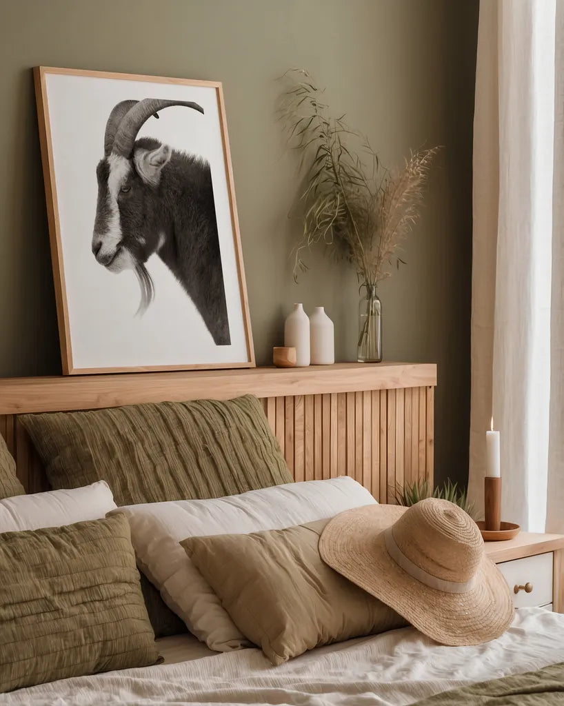 Billy Goats Gruff II by Deborah Revell. shown as a paper print in a natural frame. Available as a archival giclee rolled canvas, fine art paper, or poster print. SKU 96294h.