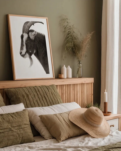 Billy Goats Gruff II by Deborah Revell. shown as a paper print in a natural frame. Available as a archival giclee rolled canvas, fine art paper, or poster print. SKU 96294h.