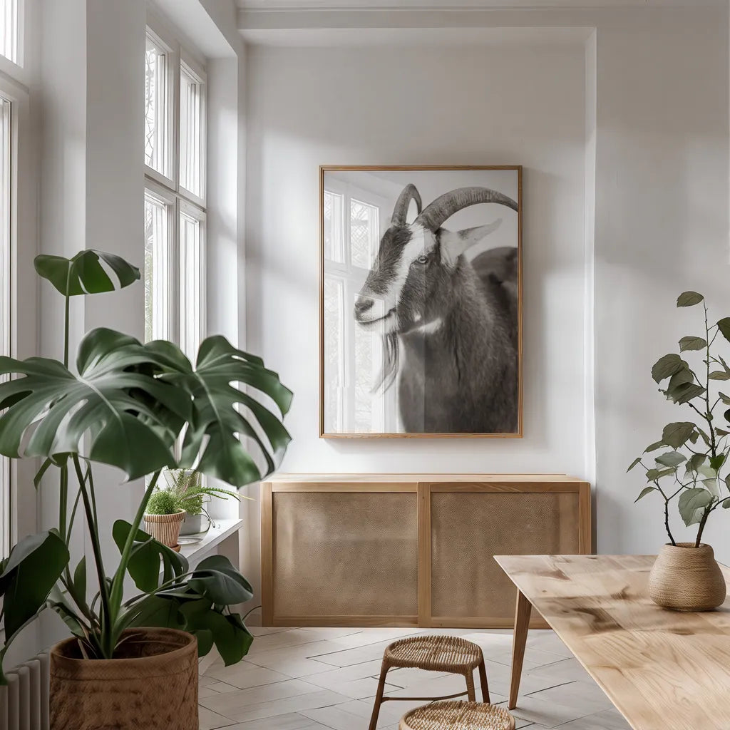 Billy Goats Gruff IV by Deborah Revell. shown as a print in a natural wood frame in a dining room. Available as a archival giclee rolled canvas, fine art paper, or poster print. SKU 96296h.