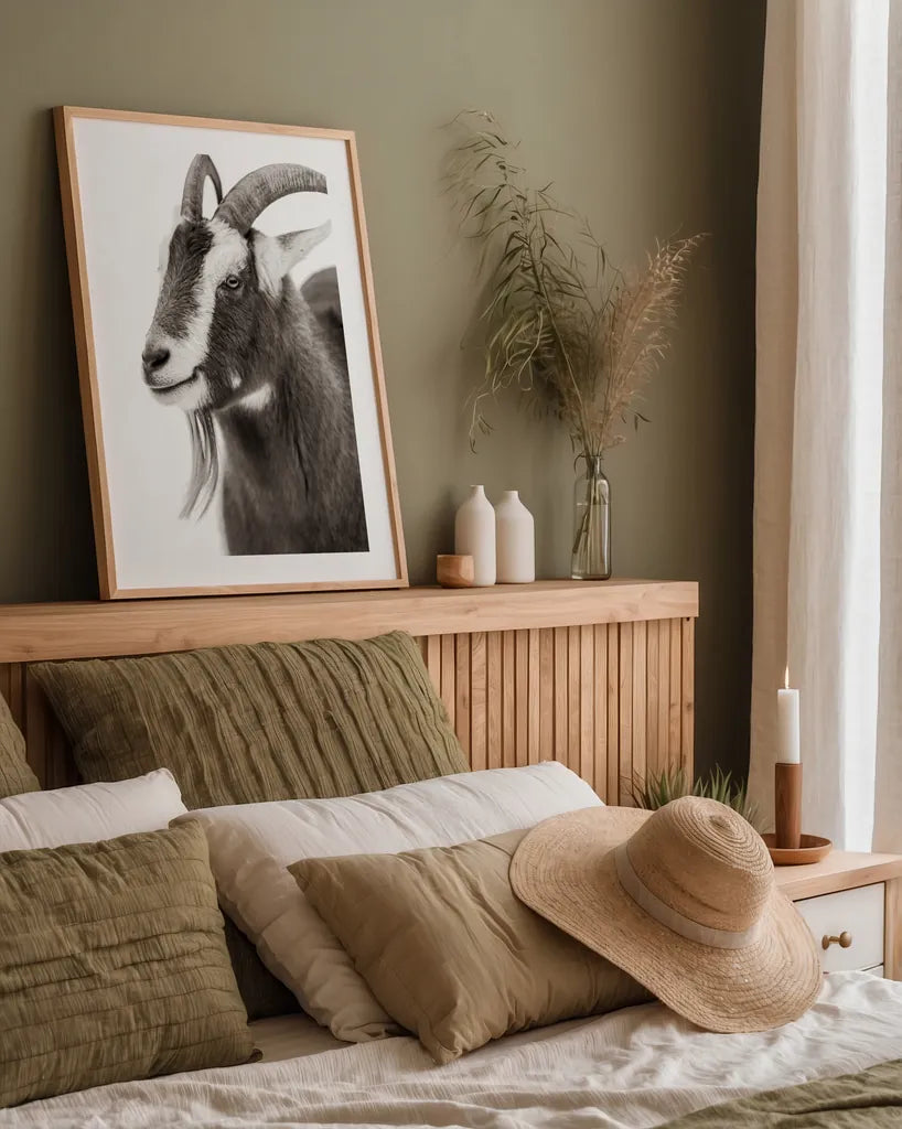 Billy Goats Gruff IV by Deborah Revell. shown as a paper print in a natural frame. Available as a archival giclee rolled canvas, fine art paper, or poster print. SKU 96296h.