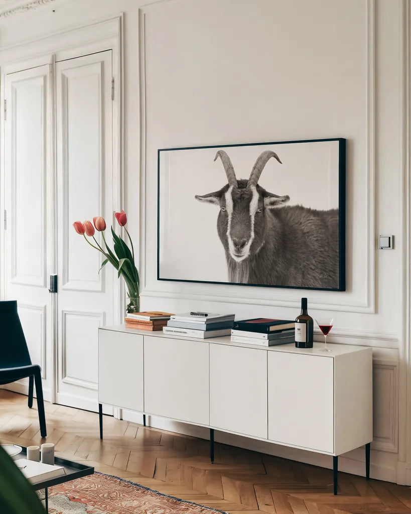 Billy Stare by Deborah Revell. shown as a framed stretched canvas in a living room above a console. Available as a archival giclee rolled canvas, fine art paper, or poster print. SKU 96329i.