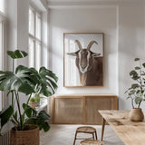 Billy the Goat by Deborah Revell. shown as a print in a natural wood frame in a dining room. Available as a archival giclee rolled canvas, fine art paper, or poster print. SKU 96327h.