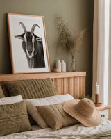 Billy the Goat BW by Deborah Revell. shown as a paper print in a natural frame. Available as a archival giclee rolled canvas, fine art paper, or poster print. SKU 96328h.