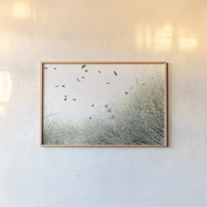 Birds Flying South by Deborah Revell. shown as a paper print in a natural frame. Available as a archival giclee rolled canvas, fine art paper, or poster print. SKU 95478i.