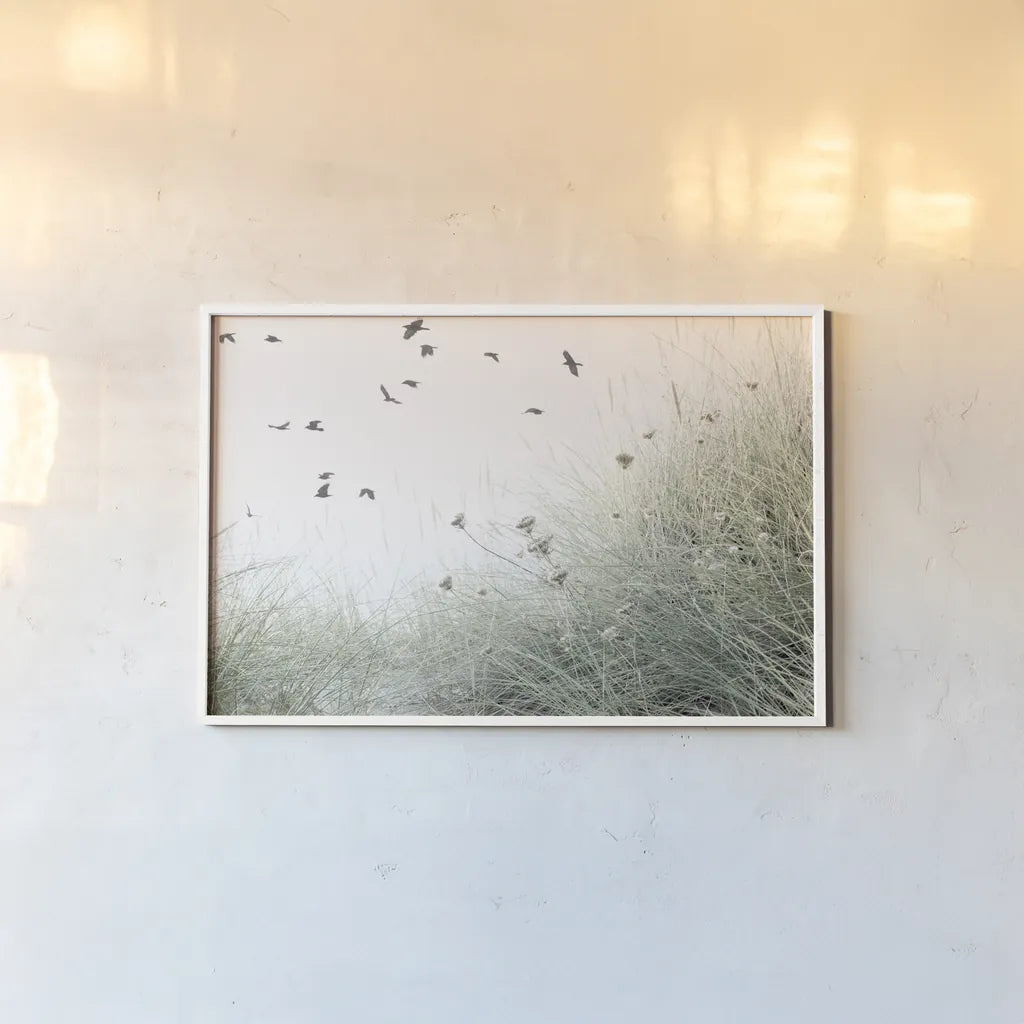 Birds Flying South by Deborah Revell. shown as a paper print in a white frame. Available as a archival giclee rolled canvas, fine art paper, or poster print. SKU 95478i.