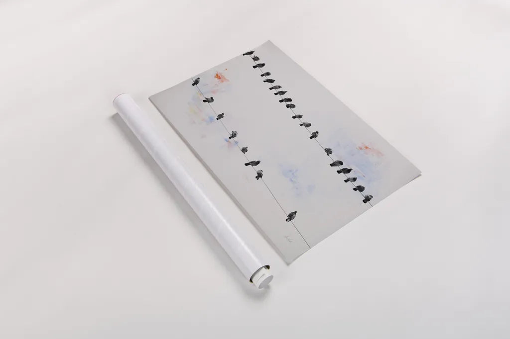 Birds on a Wire by Deborah Revell. shown as a rolled paper print. Available as archival giclee rolled canvas, fine art paper, or poster print. SKU 91412i.