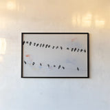 Birds on a Wire by Deborah Revell. shown as a paper print in a black flame. Available as a archival giclee rolled canvas, fine art paper, or poster print. SKU 91412i.