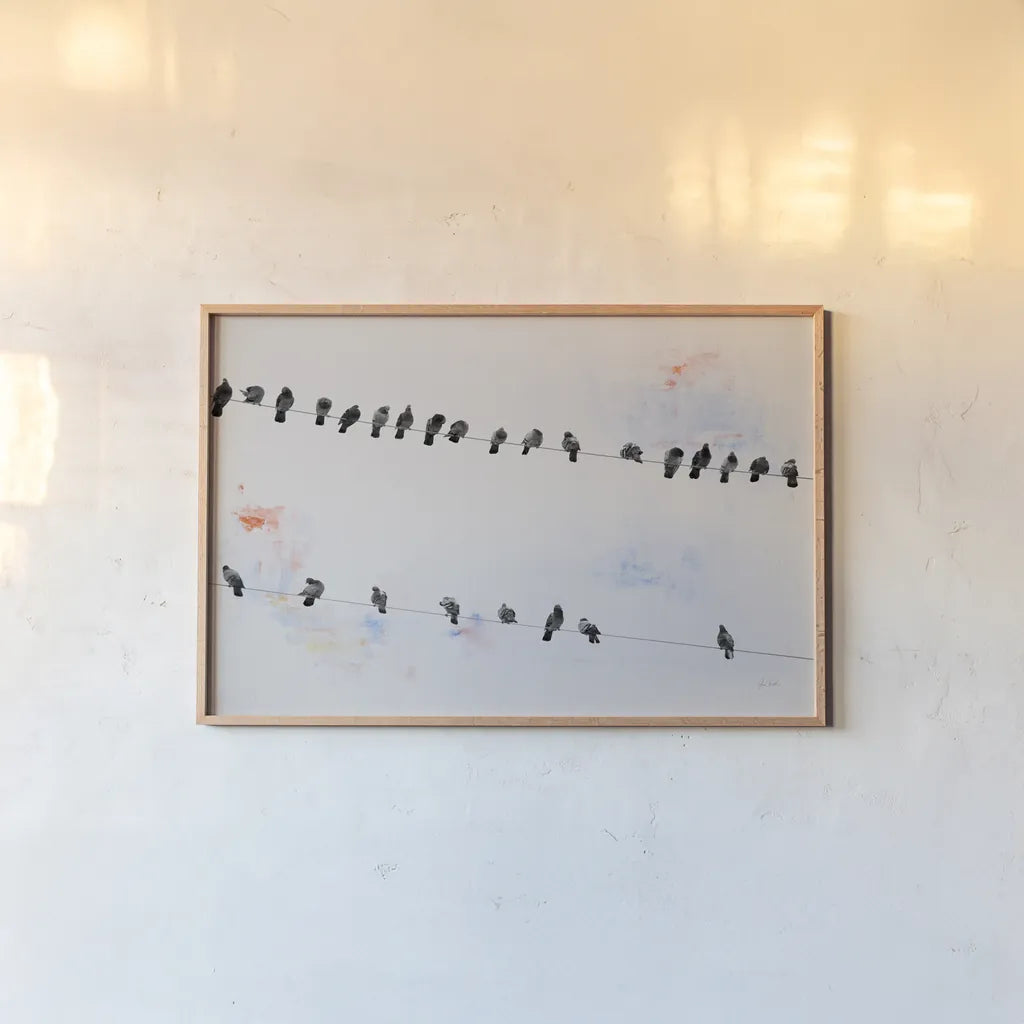 Birds on a Wire by Deborah Revell. shown as a paper print in a natural frame. Available as a archival giclee rolled canvas, fine art paper, or poster print. SKU 91412i.