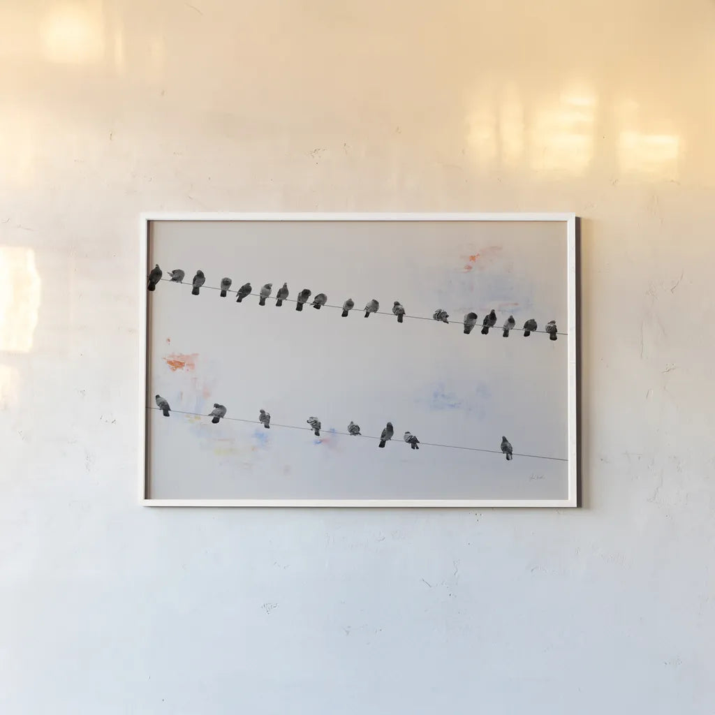 Birds on a Wire by Deborah Revell. shown as a paper print in a white frame. Available as a archival giclee rolled canvas, fine art paper, or poster print. SKU 91412i.