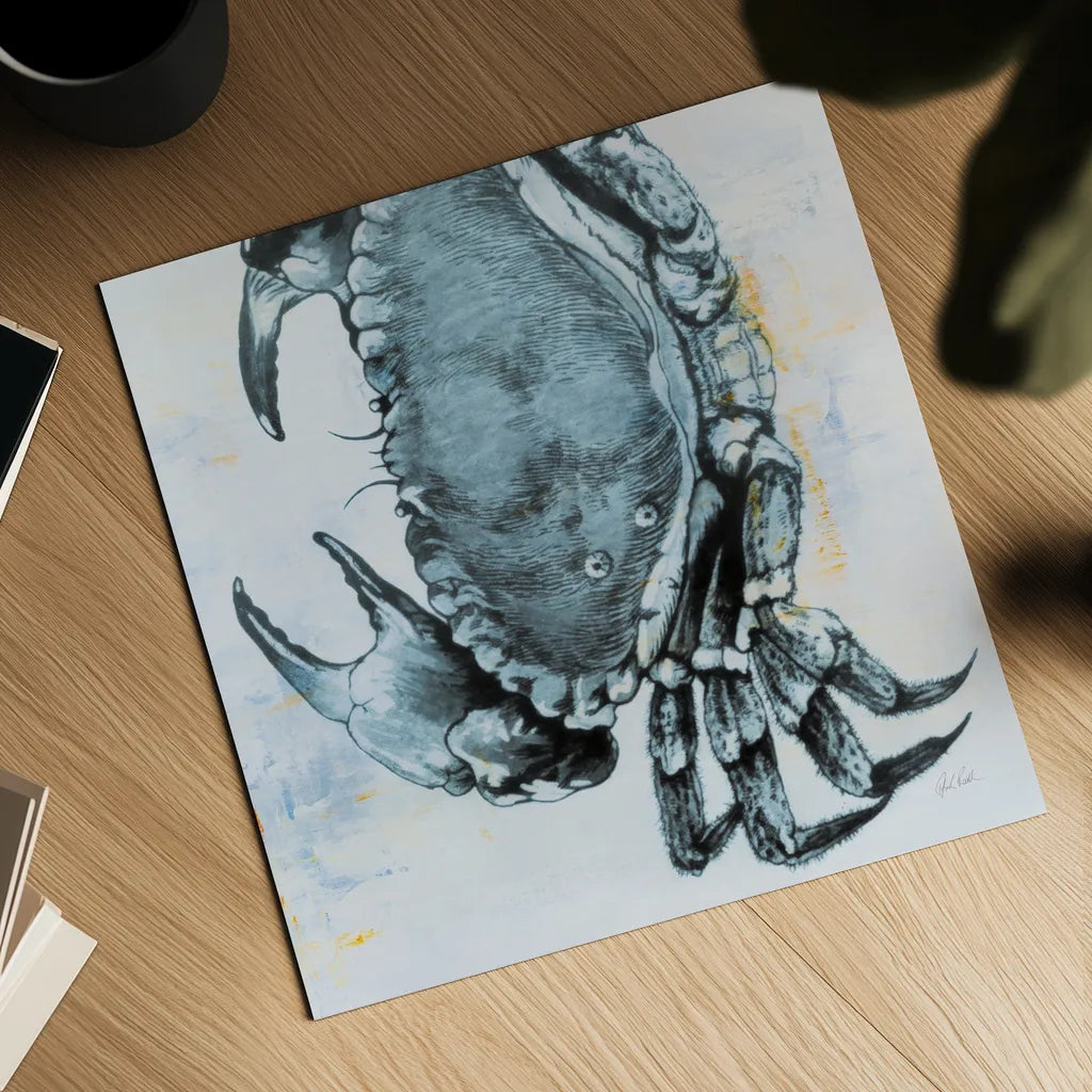 Blue Crab by Deborah Revell. Shown as a detailed flat fine art print, highlighting archival giclee quality. Available as an archival giclee rolled canvas, fine art paper, or poster print. SKU 91161a.