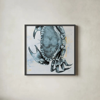 Blue Crab by Deborah Revell. Shown in a sleek black glass frame for a contemporary gallery look. Available as an archival giclee rolled canvas, fine art paper, or poster print. SKU 91161a.