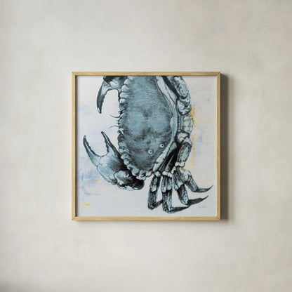 Blue Crab by Deborah Revell. Shown in a natural wood glass frame for a timeless modern aesthetic. Available as an archival giclee rolled canvas, fine art paper, or poster print. SKU 91161a.