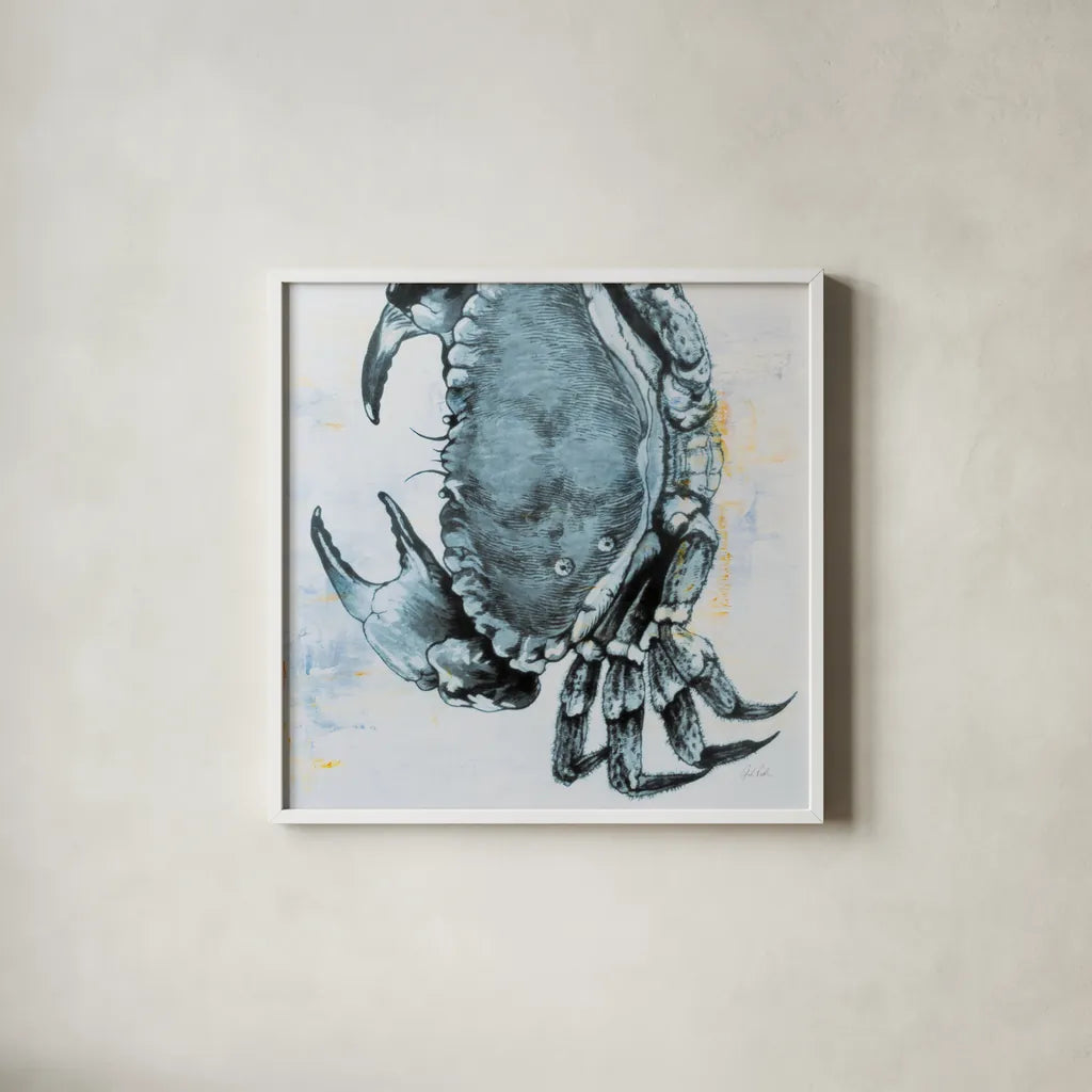Blue Crab by Deborah Revell. Shown in a crisp white glass frame for a clean and minimalist style. Available as an archival giclee rolled canvas, fine art paper, or poster print. SKU 91161a.