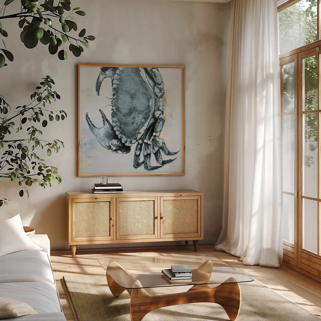 Blue Crab by Deborah Revell. Shown in a natural wood frame in a cozy modern living room. Available as an archival giclee rolled canvas, fine art paper, or poster print. SKU 91161a.